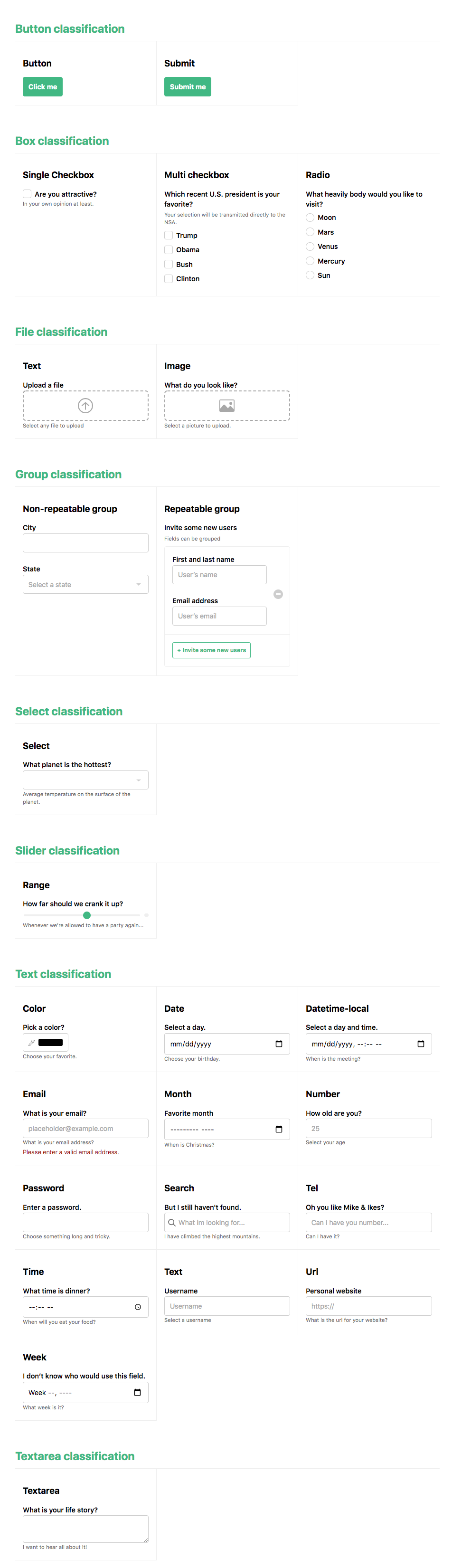 Screenshot of all inputs by classification